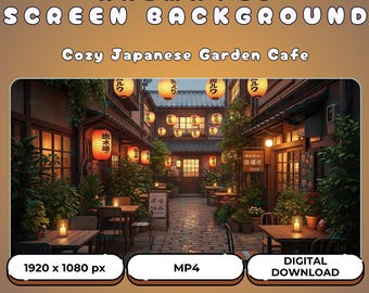 Op de afbeelding: Een geanimeerde schermachtergrond met een gezellig Japans tuincafé met warm gloeiende lantaarns, houten tafels en groene planten. De tekst luidt ANIMATED SCREEN BACKGROUND, Cozy Japanese Garden Cafe, 1920 x 1080 px, MP4, DIGITAL DOWNLOAD.