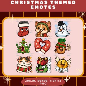 Könnte beinhalten: Eine Sammlung von weihnachtlichen Emoticons mit festlichen Charakteren und Objekten. Enthält einen grimmigen Strumpf, einen Corgi mit Pizza, einen traurigen Schneemann, einen überraschten Weihnachtsbaum, einen herzförmigen Fäustling, einen Cupcake, eine Katze, einen Frosch mit Geschenk und einen geflügelten Helm. Text: "CHRISTMAS THEMED EMOTES".