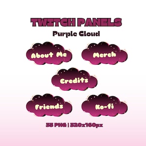 Purple Cloud Twitch panels set, 35 premade gradient purple cloud streaming panels