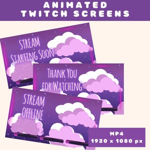 Animated Twitch Streaming Scene, Stream Starting Soon Thank You for Watching Stream Offline, Purple Clouds Streaming Screen Twitch overlay