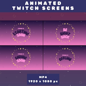 Animated Twitch Streaming Screen, 4 Animated Stream Starting Soon BRB Ending Soon Offline, Stars and Gradient Pink Twitch Screen