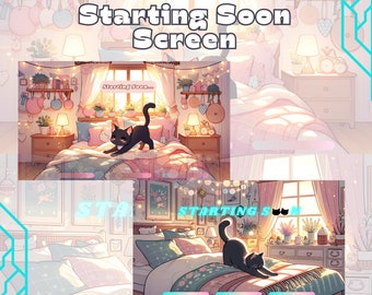 May include: A Twitch starting soon screen with a pink and white bedroom theme. The screen features a black cat on a bed with a pink and white comforter. The text "Starting Soon..." is displayed on the screen.