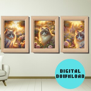 Chat ragdoll dans un jardin de rêve, art mural imprimable, chat ragdoll au coucher du soleil et fleurs, lot de 3 décorations en téléchargement numérique pour les amoureux des chats