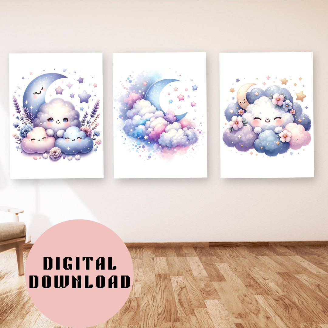 Dreamy Clouds Moon and Stars Printable Wall Art for Nursery, Set of 3 ...