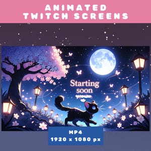 Op de afbeelding: Geanimeerd Twitch-scherm met een zwarte kat die door een nachtscène loopt met een volle maan, roze kersenbloesems en gloeiende lantaarns. De tekst "Starting soon" wordt in het midden van het scherm weergegeven. MP4 1920 x 1080 px.