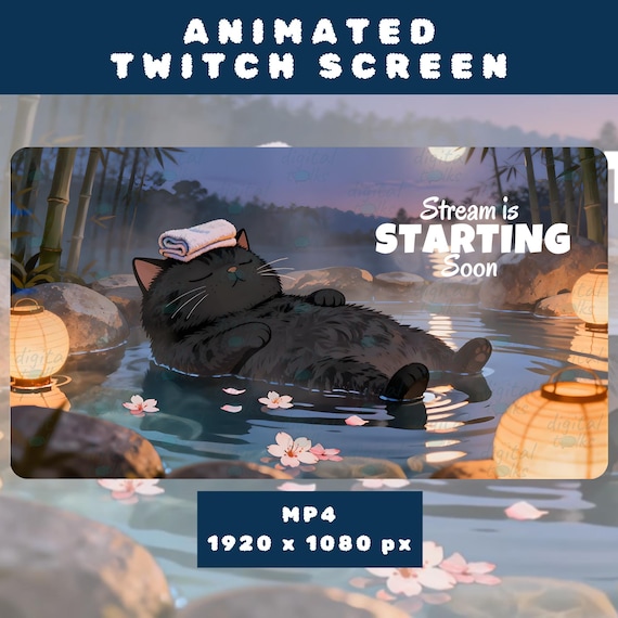Animated Twitch Screen Starting Soon: Cozy Cat in Hot Spring (MP4 Digital Download)