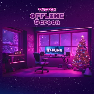 May include: A purple and blue themed Twitch offline screen with a Christmas tree, a computer monitor displaying "OFFLINE", and a gaming chair in a room with a window.