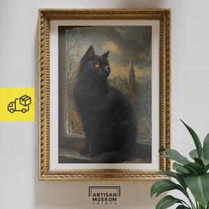 Black Cat Gothic Art Print: Moody Victorian Wall Decor