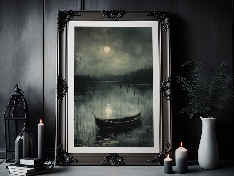Moody Lake With Boat Art Print Serene Water Reflection Wall Art, Misty