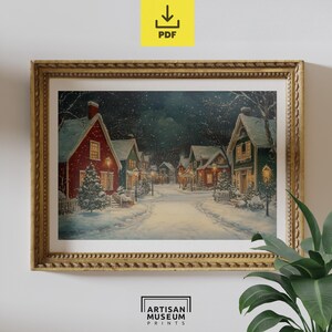 Cozy Christmas Village Scene - Vintage Winter Wonderland, Snowy Holiday Wall Art, Printable Christmas Decor Digital PDF