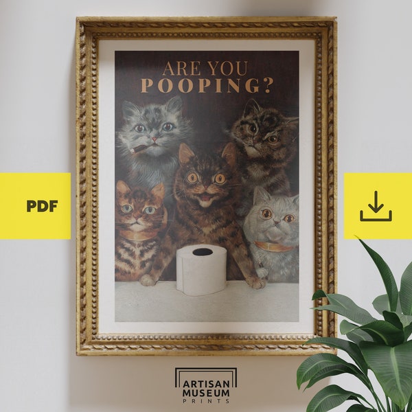 Cats 'Are You Pooping?' Altered Amusing Victorian Bathroom Art: Funny Cat Poster Print, Unique Toilet Humor Decor, Digital Wall Art