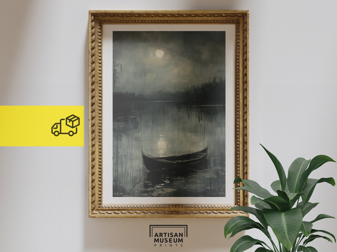 Moody Lake With Boat Art Print Serene Water Reflection Wall Art, Misty