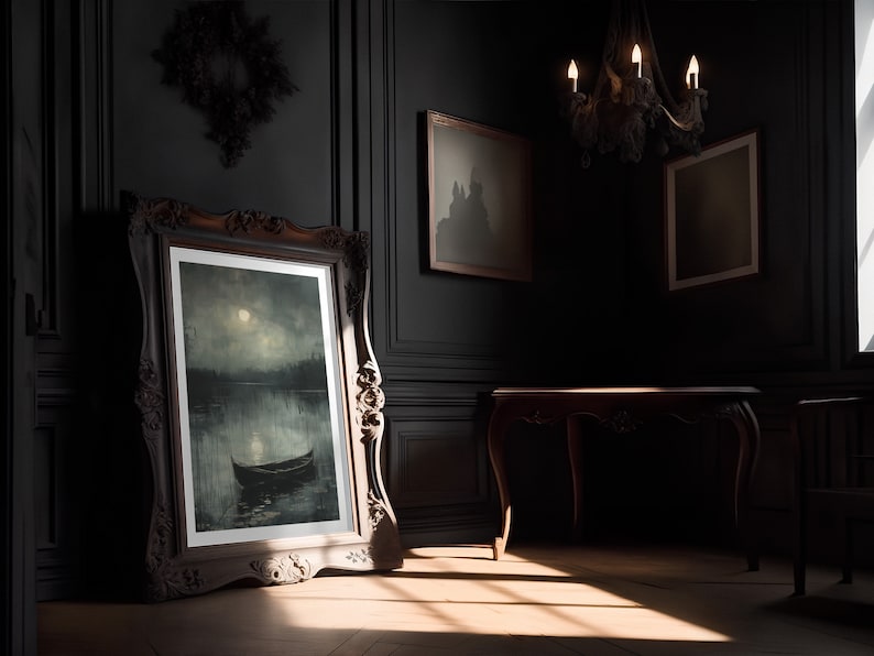 Moody Lake With Boat Art Print Serene Water Reflection Wall Art, Misty