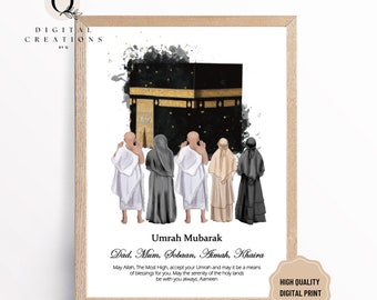 DIGITAL Personalised Umrah Mubarak Print Family Illustration Kaba Hajj Print Islamic Gift Hajj Gift Umrah Gift Islamic Prints Umrah Party a4