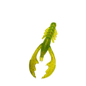 May include: Green and red speckled soft plastic crawfish lure for fishing.