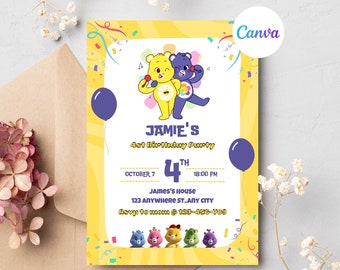 care bear kids birthday invitation, birthday invite, character birthday invite, instant edit and download