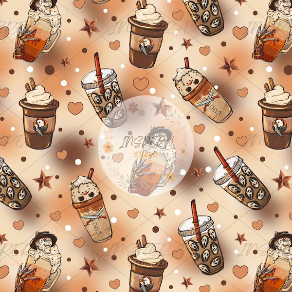 Digital coffee cup horror mashup seamless pattern file, digital paper, instant download