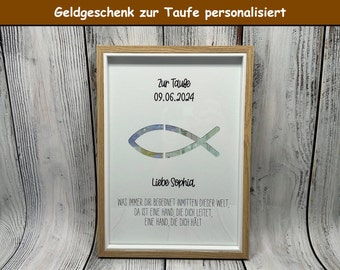 Personalized money gift with or without picture frame with fish for baptism for boys or girls as a baptism gift for godparents guests
