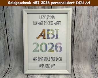 Personalized money gift with picture frame DIN A4, graduation 2026, high school graduation 2026 with saying