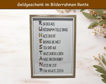 Geld Geschenk im Bilderrahmen DIN A4 Ruhestand Rente Geschenk Abschiedsgeschenk Kollege Kollegin