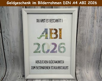 Money gift with or without picture frame, DIN A4, graduation 2026, high school graduation 2026 with saying