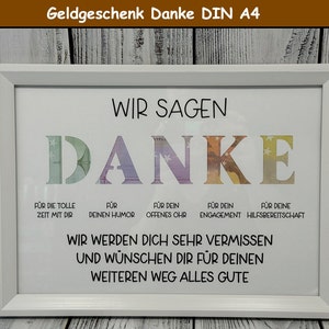 Abschiedsgeschenk Kollegin oder Kollegen mit oder ohne Bilderrahmen Danke Ruhestand Rente Jobwechsel Arbeitswechsel Abschied Geldgeschenk