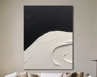 Black White Minimalist Painting, Black White Wall Art Black White 3D Abstract Art, Original Textured Framed Painting, Modern Wall Art Decor