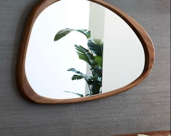 Walnut Asymmetrical Wood Mirror, Mid Century Modern Wall Decor