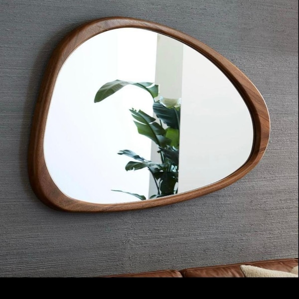 Walnut Asymmetrical Wood Mirror, Mid Century Modern Wall Decor