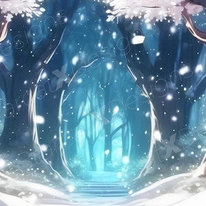 Könnte beinhalten: Eine verschneite Waldszene mit einem Weg, der zu einem leuchtend blauen Licht in der Ferne führt. Die Bäume sind mit Schnee bedeckt und der Boden ist weiß. Die Szene ist friedlich und ruhig.