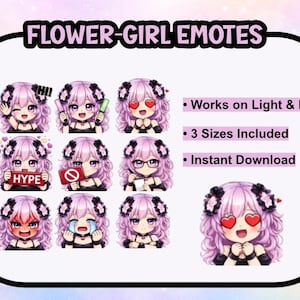 Könnte beinhalten: Eine Sammlung digitaler Emotes mit einem Mädchen mit rosa Haaren und verschiedenen Ausdrücken. Die Emotes enthalten Texte wie "HI!" und "HYPE". Das Bild zeigt auch "Works on Light & Dark", "3 Sizes Included" und "Instant Download".