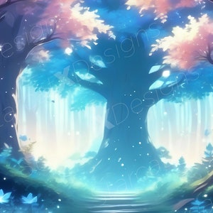 Blauer Zauberwald - Statischer Hintergrund | Wallpaper | Stream Overlay | Magic Blue Forest | Anime | Bäume | Vtube Zubehör| 1920x1080