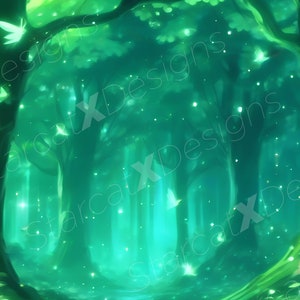 Foresta magica verde - Sfondo statico | Sfondi | Sovrapposizione flusso | Foresta verde magica | Anime | alberi | Accessori Vtube| 1920x1080