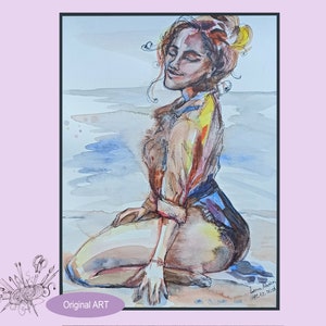 Donna sulla spiaggia. Dipinto originale tecnica mista ART. Pittura per l'interior design della casa. Donna romantica disegno fatto a mano su carta speciale