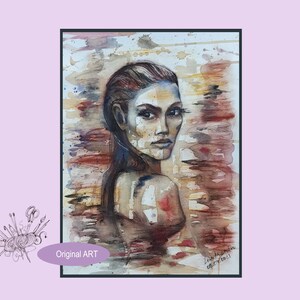 Donna in acqua. Dipinto originale tecnica mista ART. Pittura per l'interior design della casa. Volto di donna romantico disegno fatto a mano su carta speciale