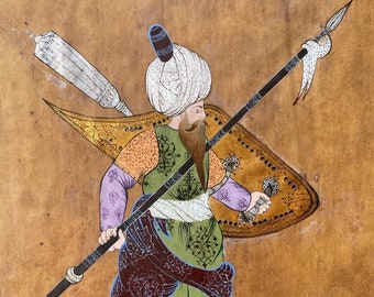 Turkish/Ottoman Miniature featuring Janizary/Guard, Handmade by Women, High Quality Painting, Wall Art