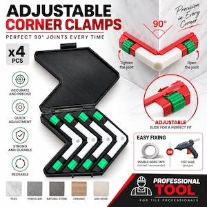 Op de afbeelding: Een set van vier verstelbare hoekklemmen in een zwarte koffer. De klemmen zijn wit met groene instelknoppen. De tekst bevat ADJUSTABLE CORNER CLAMPS, 4 PCS, ACCURATE AND PRECISE, QUICK ADJUSTMENT, STRONG AND DURABLE, REUSABLE, PROFESSIONAL TOOL.