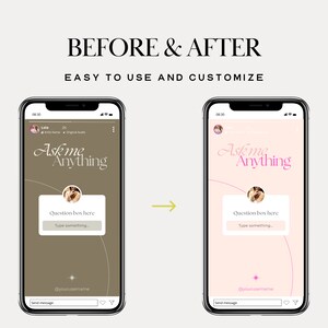 Peut inclure: Une capture d'&eacute;cran d'un t&eacute;l&eacute;phone mobile affichant un mod&egrave;le d'histoire Instagram. Le mod&egrave;le est un fond rose clair avec un cercle blanc et un texte rose superpos&eacute; qui dit "Ask me Anything". Le mod&egrave;le comprend &eacute;galement une bo&icirc;te de questions avec le texte "Question box here" et un champ de texte qui dit "Type something".