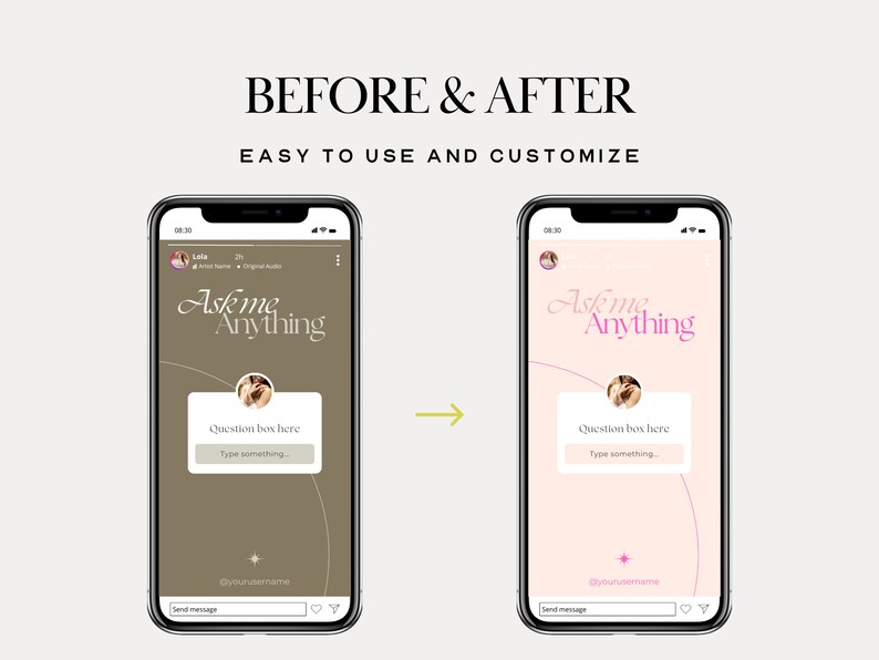 Peut inclure: Une capture d'&eacute;cran d'un t&eacute;l&eacute;phone mobile affichant un mod&egrave;le d'histoire Instagram. Le mod&egrave;le est un fond rose clair avec un cercle blanc et un texte rose superpos&eacute; qui dit "Ask me Anything". Le mod&egrave;le comprend &eacute;galement une bo&icirc;te de questions avec le texte "Question box here" et un champ de texte qui dit "Type something".