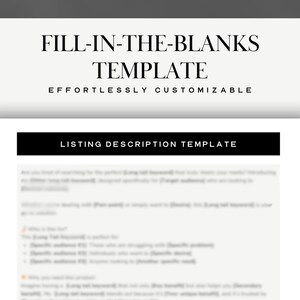 May include: A black and white image of a printable listing description template for Etsy sellers. The template is titled "Listing Description Template" and includes a section for "What is [Your Shop Name] known for?" and "Specific audience (Who are you writing to with this listing?)"