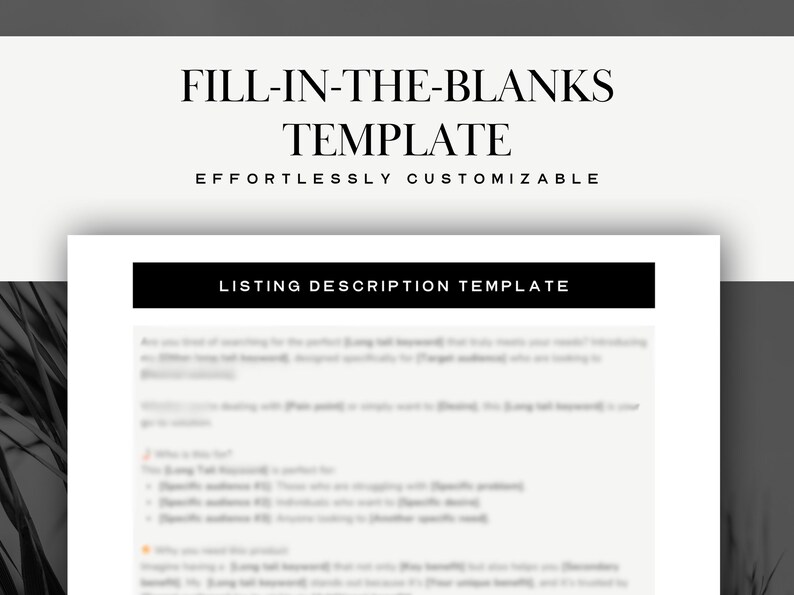 May include: A black and white image of a printable listing description template for Etsy sellers. The template is titled "Listing Description Template" and includes a section for "What is [Your Shop Name] known for?" and "Specific audience (Who are you writing to with this listing?)"
