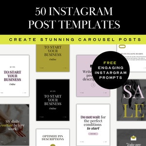 Pode incluir: Uma colagem de 50 modelos de postagens do Instagram para criar postagens de carrossel impressionantes. Os modelos apresentam uma variedade de designs, incluindo postagens baseadas em texto, postagens baseadas em imagens e postagens de citações. Os modelos são projetados para ajudar empresas e indivíduos a criar conteúdo envolvente e visualmente atraente para seus feeds do Instagram.