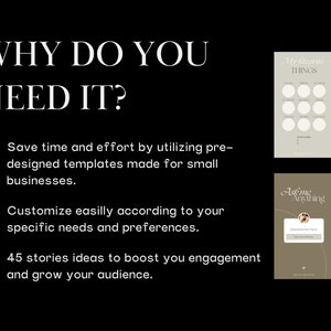 Peut inclure: Un graphique avec le texte "WHY DO YOU NEED IT?" et trois puces d&eacute;crivant les avantages de l'utilisation de mod&egrave;les pr&eacute;con&ccedil;us pour les petites entreprises. Les puces sont : "Gagnez du temps et des efforts en utilisant des mod&egrave;les pr&eacute;con&ccedil;us con&ccedil;us pour les petites entreprises.", "Personnalisez facilement en fonction de vos besoins et pr&eacute;f&eacute;rences sp&eacute;cifiques.", et "45 id&eacute;es d'histoires pour booster votre engagement et d&eacute;velopper votre audience.". Le graphique comprend &eacute;galement quatre images de diff&eacute;rents mod&egrave;les, chacun avec un design et un texte diff&eacute;rents. Le texte sur les mod&egrave;les comprend : "Mes choses pr&eacute;f&eacute;r&eacute;es", "Votre maman", "Demandez-moi n'importe quoi", et "Vous &ecirc;tes l'auteur de votre vie".