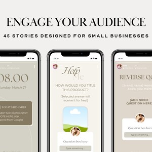 Peut inclure: Trois captures d'&eacute;cran d'un t&eacute;l&eacute;phone mobile montrant des mod&egrave;les d'histoires Instagram pour les petites entreprises. Le premier mod&egrave;le est un rappel avec le texte "RAPPEL DU JOUR INS&Eacute;RER LA NICHE/L'INDUSTRIE CITER ICI. (Obtenez l'inspiration de Google)". Le deuxi&egrave;me mod&egrave;le est une question demandant "COMMENT TITRER CE PRODUIT ? (La r&eacute;ponse s&eacute;lectionn&eacute;e le recevra gratuitement !)". Le troisi&egrave;me mod&egrave;le est une Q&R invers&eacute;e avec le texte "[nom de la marque] veut en savoir plus sur vous ! [AJOUTER LA QUESTION DE LA NICHE ICI]"