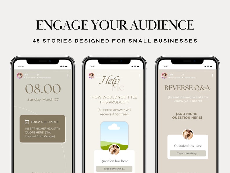 Peut inclure: Trois captures d'&eacute;cran d'un t&eacute;l&eacute;phone mobile montrant des mod&egrave;les d'histoires Instagram pour les petites entreprises. Le premier mod&egrave;le est un rappel avec le texte "RAPPEL DU JOUR INS&Eacute;RER LA NICHE/L'INDUSTRIE CITER ICI. (Obtenez l'inspiration de Google)". Le deuxi&egrave;me mod&egrave;le est une question demandant "COMMENT TITRER CE PRODUIT ? (La r&eacute;ponse s&eacute;lectionn&eacute;e le recevra gratuitement !)". Le troisi&egrave;me mod&egrave;le est une Q&R invers&eacute;e avec le texte "[nom de la marque] veut en savoir plus sur vous ! [AJOUTER LA QUESTION DE LA NICHE ICI]"
