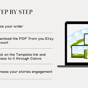 Peut inclure: Un guide &eacute;tape par &eacute;tape sur la fa&ccedil;on d'utiliser un mod&egrave;le num&eacute;rique pour les stories sur les r&eacute;seaux sociaux. Le guide comprend des instructions pour passer une commande, t&eacute;l&eacute;charger un PDF depuis Etsy, acc&eacute;der &agrave; un lien de mod&egrave;le via Canva et augmenter l'engagement des stories.