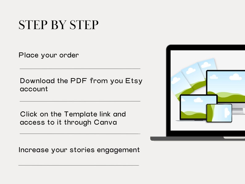 Peut inclure: Un guide &eacute;tape par &eacute;tape sur la fa&ccedil;on d'utiliser un mod&egrave;le num&eacute;rique pour les stories sur les r&eacute;seaux sociaux. Le guide comprend des instructions pour passer une commande, t&eacute;l&eacute;charger un PDF depuis Etsy, acc&eacute;der &agrave; un lien de mod&egrave;le via Canva et augmenter l'engagement des stories.
