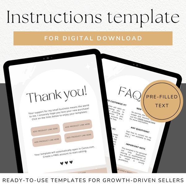 Digital Download Instructions Template for Etsy Sellers: Share Digital Product Links via PDF, 2-Page Canva Templates, and Thank You Card