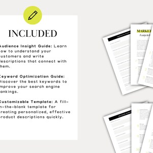 May include: A guide to creating effective product descriptions for Etsy listings. The guide includes an audience insight guide, a keyword optimization guide, and a customizable template. The guide is designed to help sellers understand their customers, discover the best keywords, and create personalized product descriptions quickly.