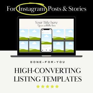 Peut inclure: Un écran d'ordinateur portable affiche une maquette de publication Instagram, avec un smartphone superposé. Le texte indique "For Instagram Posts & Stories" et "HIGH-CONVERTING LISTING TEMPLATES". Le design présente un fond clair et un bord noir.